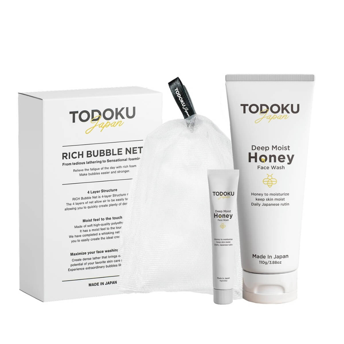 Japanese Honey Face Wash with Foaming Whip Net - Hydrating Cleanser TODOKU JAPAN (1)