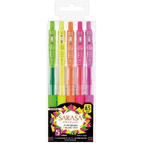Zebra Sarasa Clip Gel Ballpoint Pen 0.5mm - Neon Color 5 Color Set - Harajuku Culture Japan - Japanease Products Store Beauty and Stationery